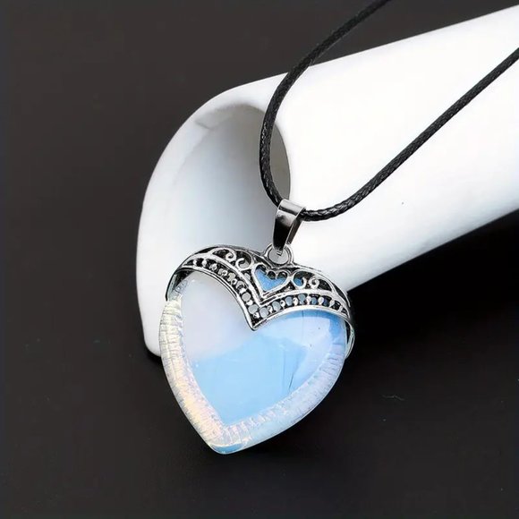 Opal Heart Pendant Necklace Glass Crystal Stone Pendant - Picture 2 of 2